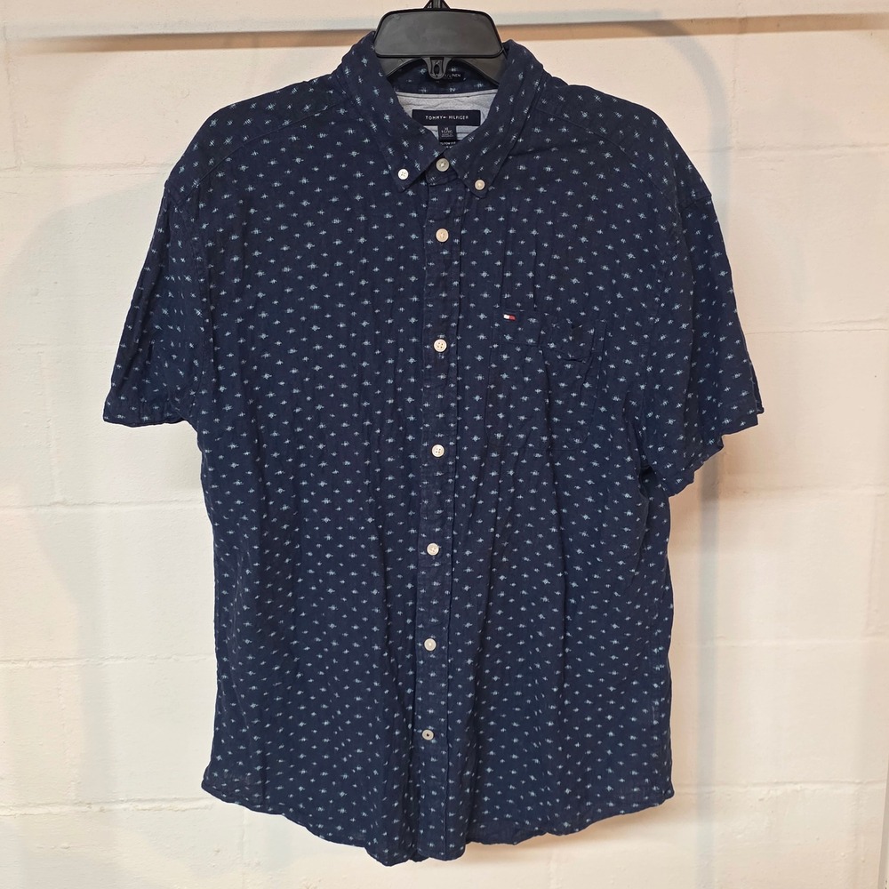Tommy Hilfiger Mens XL Navy Blue Classic Woven Shirt Cotton Linen Geometric
